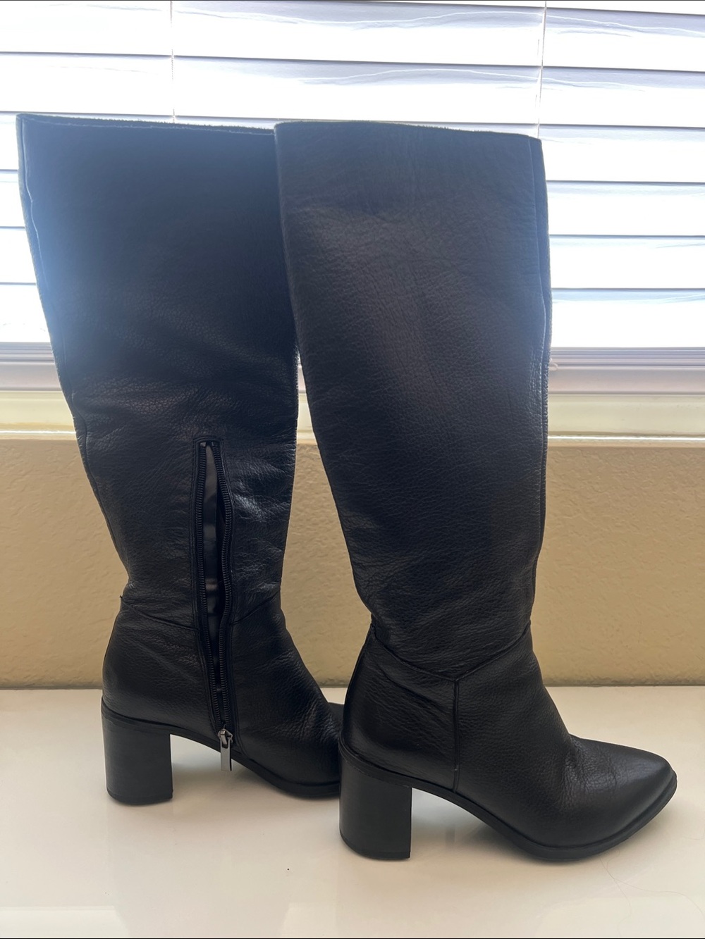 Franco Sarto Classic Black Knee-High Block Heel Boots - Women's Leather Fashion